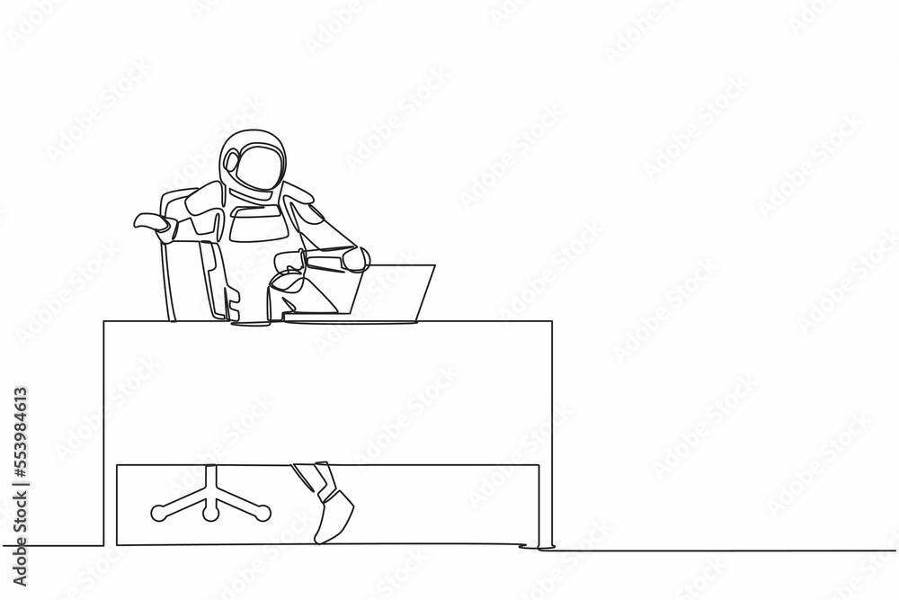Aufkleber single one line drawing scared young astronaut looking at laptop computer screen in working desk. sp