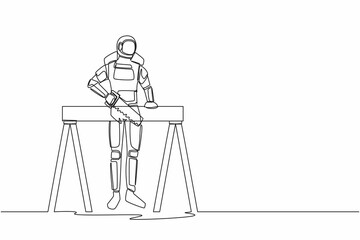 Continuous one line drawing astronaut builder or carpenter sawing wooden boards. Spaceman ability to repair operating system. Cosmonaut outer space. Single line draw graphic design vector illustration