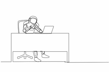 Single one line drawing frustrated young astronaut in doubt with hand on chin gesture. Future space technology development. Cosmic galaxy space. Continuous line draw graphic design vector illustration