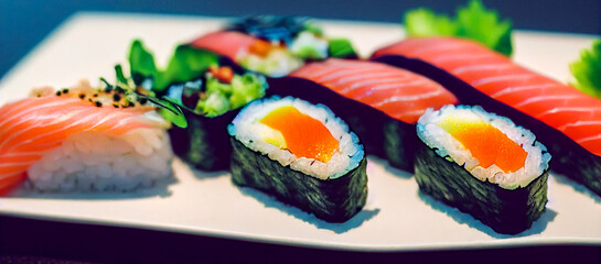 panorama sushi on a plate, generative ai illustration