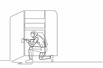 Single continuous line drawing young astronaut carpenter assembling of wardrobe or cabinet with shelves. Future home decoration. Cosmonaut deep space. One line draw graphic design vector illustration