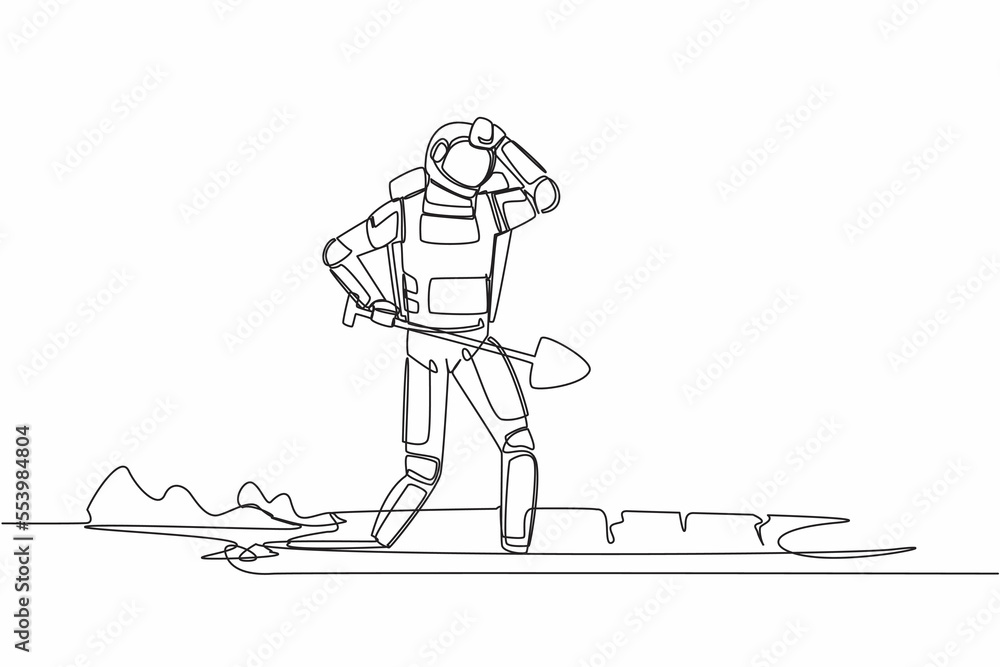 Poster continuous one line drawing young astronaut wipes sweat on his forehead while digging hole. spaceman
