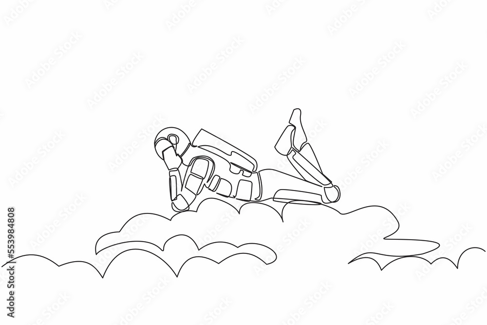 Poster single one line drawing young astronaut lay on clouds. relaxes and resting after spaceship interstel