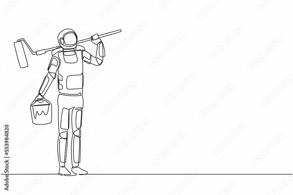 Poster continuous one line drawing astronaut painter standing with bucket of paint and paint roller. future