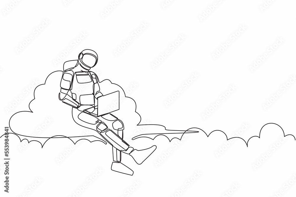 Poster Continuous one line drawing astronaut sitting on cloud in sky and working with laptop. Wireless internet connection in space control. Cosmonaut outer space. Single line draw design vector illustration