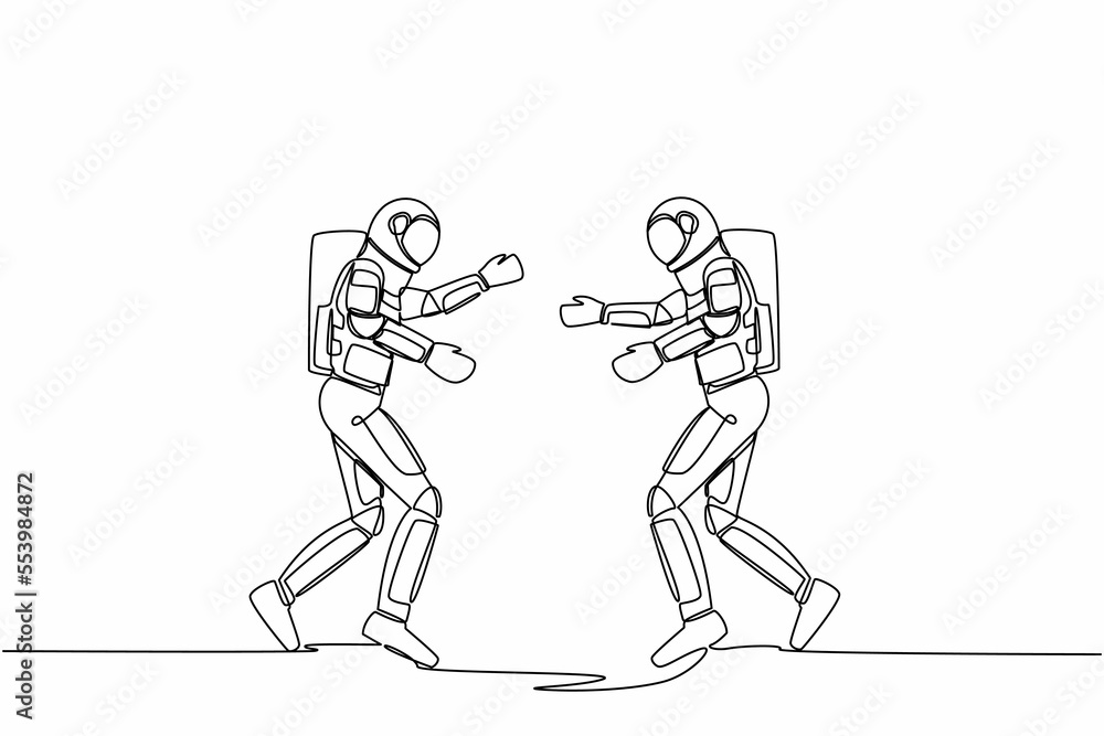 Aufkleber single one line drawing two young astronaut running face to face while getting ready to hug. break a