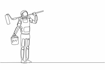 Obraz premium Continuous one line drawing astronaut painter standing with bucket of paint and paint roller. Future space technology development. Cosmonaut outer space. Single line graphic design vector illustration