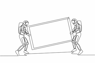 Single one line drawing two astronaut carrying big mirror to new space office. Spaceman with furniture in building hall in moon surface. Cosmic galaxy space. Continuous line design vector illustration