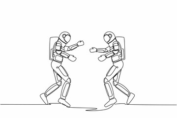 Obraz premium Single one line drawing two young astronaut running face to face while getting ready to hug. Break a happiness between two friends. Cosmic galaxy space. Continuous line draw design vector illustration