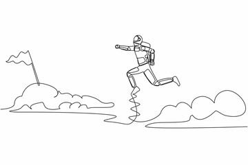 Single one line drawing astronaut jump over clouds to reach success, target, flag. Taking risk spaceship business project. Cosmic galaxy space. Continuous line draw graphic design vector illustration