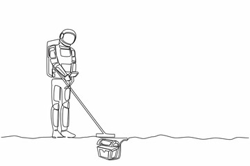 Single one line drawing young astronaut with metal detector looking for treasure chest and finding precious jewel. Cosmic galaxy space concept. Continuous line draw graphic design vector illustration