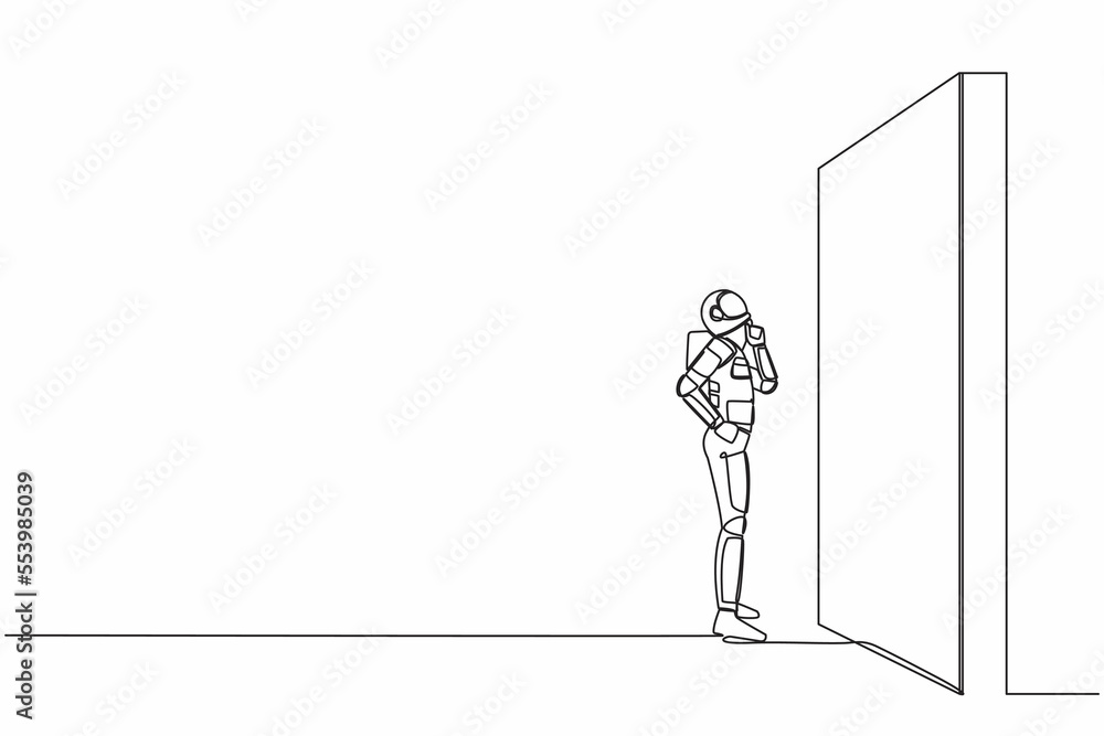 Poster continuous one line drawing astronaut thinking in front of big obstacle or wall in moon surface. spa