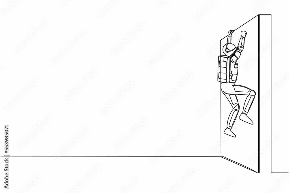 Aufkleber single continuous line drawing of astronaut climbing obstacle wall in moon surface. solve expedition