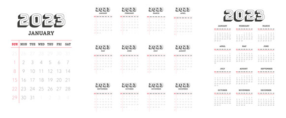 Calendar template for 2023 with week start on Sunday
Minimal design, Set of 12 calendar, printing vector calendar