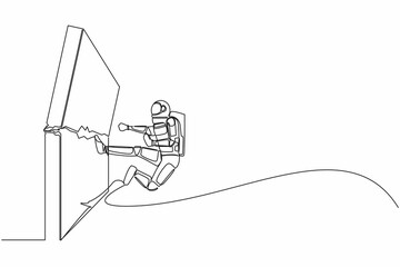 Single one line drawing young astronaut doing kungfu or karate flying kick to destroy brick wall. Success in space exploration. Cosmic galaxy space. Continuous line graphic design vector illustration