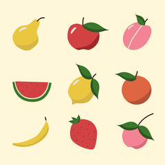 Set of eco fruits in colored line. Illustration of food collection. Colored design of diferent fruts on a yellow background