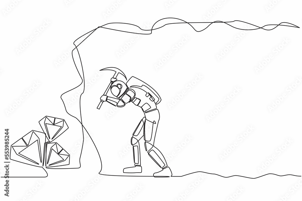Poster single continuous line drawing of young astronaut digging with pickaxe in moon underground tunnel to