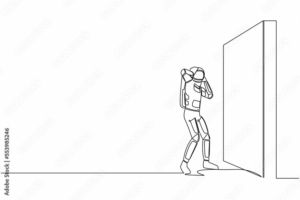 Poster continuous one line drawing of astronaut standing and confused in front of brick wall barriers. stre