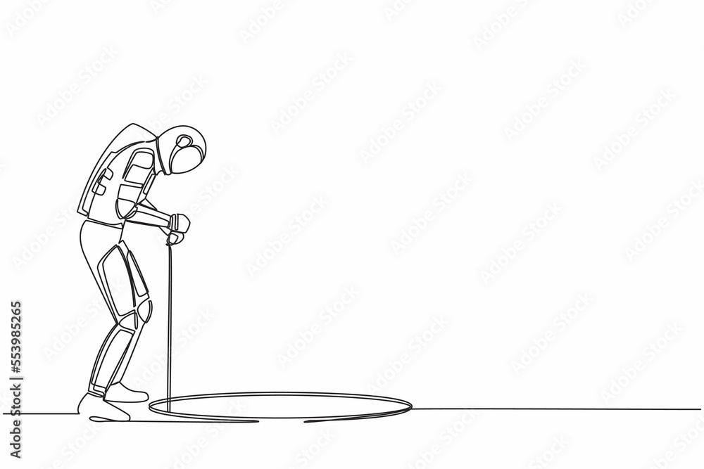 Poster single continuous line drawing of astronaut stretch out rope into hole. spaceman wondering and looki