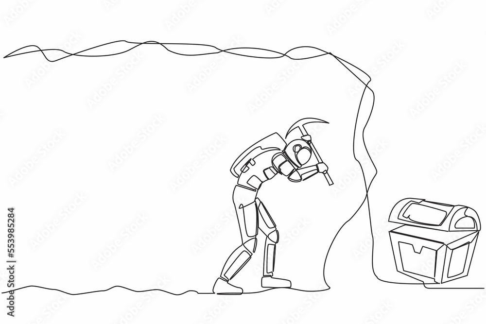 Poster continuous one line drawing young astronaut digging with pickaxe in moon cave. looking for treasure 