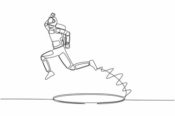 Single one line drawing astronaut jumping through the hole, metaphor to facing big space expedition problem. Business struggles. Cosmic galaxy space. Continuous line graphic design vector illustration
