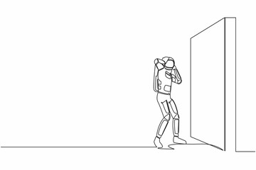 Continuous one line drawing of astronaut standing and confused in front of brick wall barriers. Stressed due to space expedition. Cosmonaut outer space. Single line graphic design vector illustration