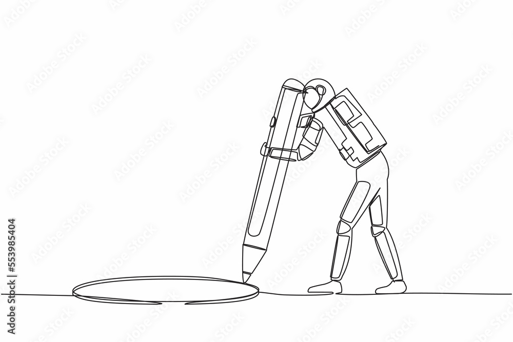 Poster single continuous line drawing astronaut making circle of holes with large pencil. spaceship busines