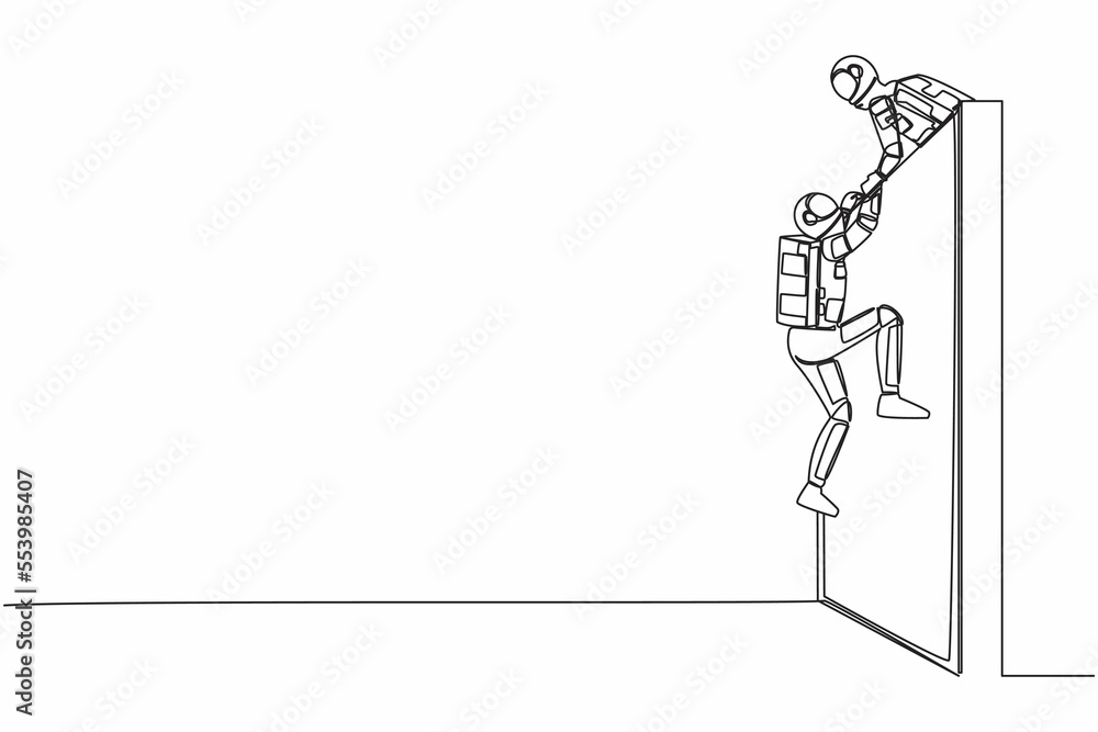 Poster continuous one line drawing astronaut helping another spaceman climb wall by pulling him to the top.