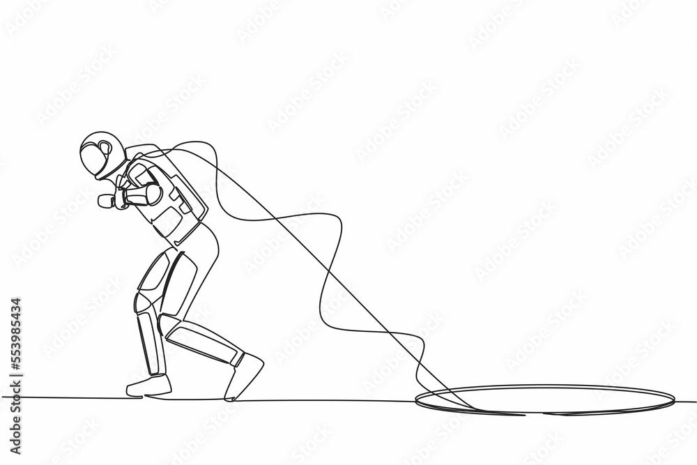 Poster continuous one line drawing astronaut trying hard pulling rope to drag something from hole, facing s