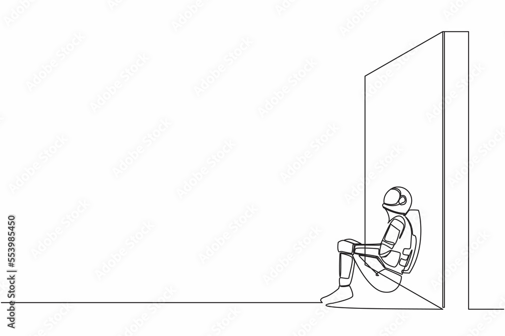 Poster single continuous line drawing astronaut sitting on floor and lean against wall. sad and frustration