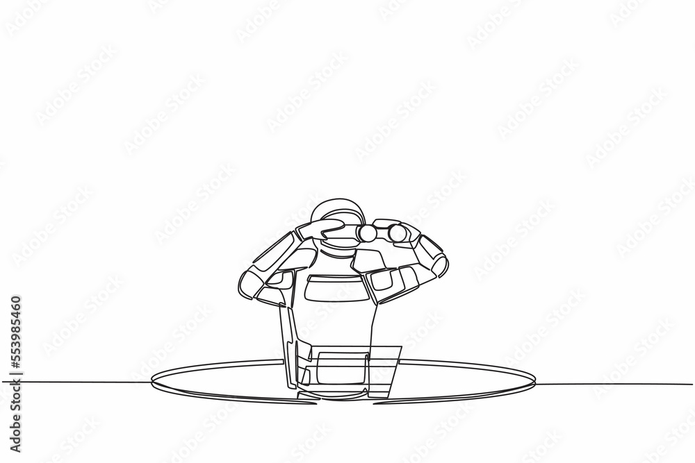 Poster continuous one line drawing astronaut climb out of the hole by ladder and using binocular. spaceship