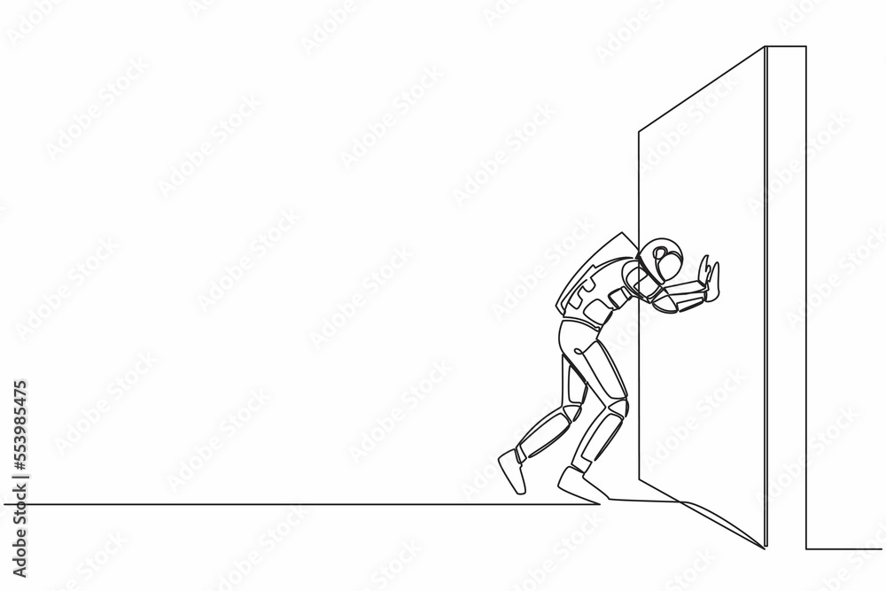 Poster single one line drawing of young astronaut pushing wall in moon surface. challenge and problem in sp