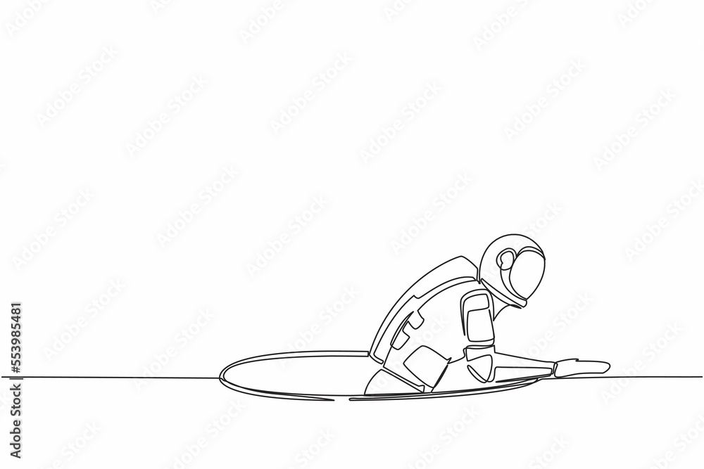 Poster single continuous line drawing astronaut trying to get out of from hole, metaphor to facing big prob
