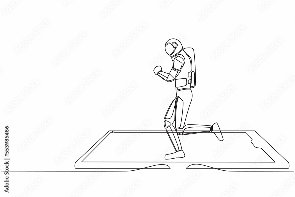 Poster continuous one line drawing astronaut running on smartphone screen treadmill. exercise fitness app a