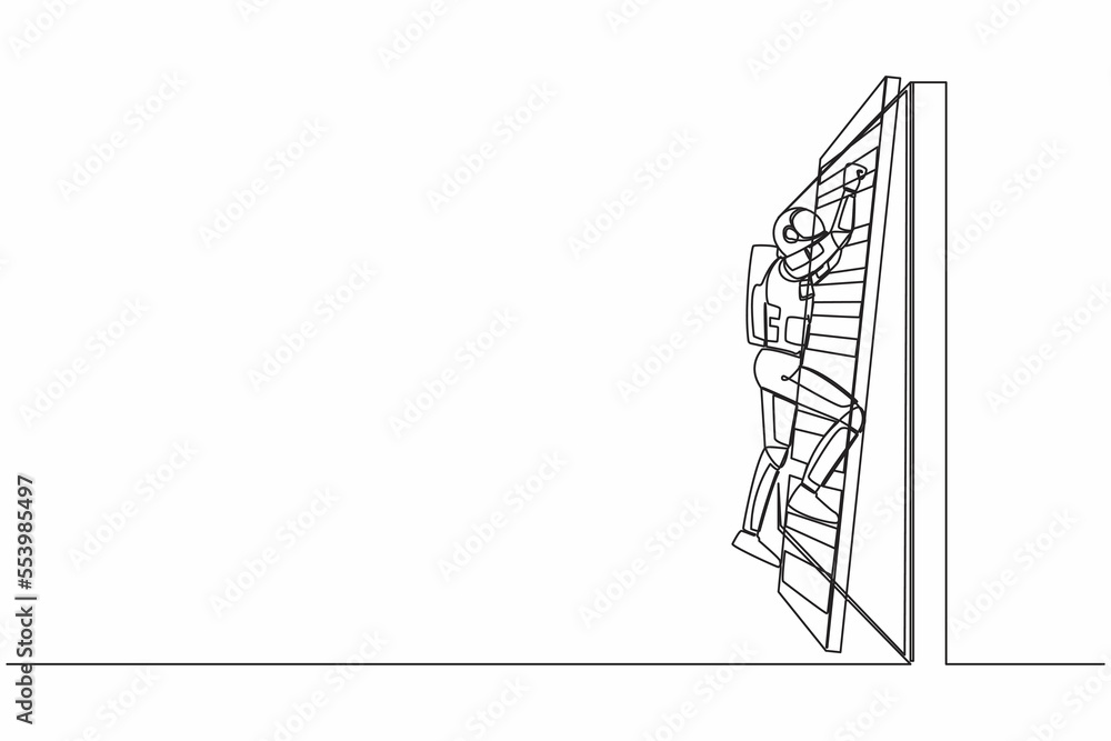 Poster continuous one line drawing of astronaut climbing up the wall with ladder in moon surface. spaceship