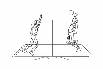 Single continuous line drawing volleyball court with two astronaut players on smartphone screen. Volleyball players during match, mobile app. Cosmonaut deep space. One line design vector illustration