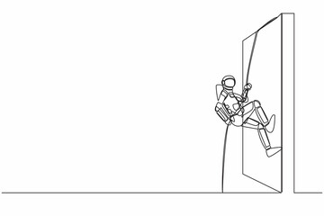 Fototapeta na wymiar Continuous one line drawing young astronaut climbing over wall with rope in moon surface. Challenge in spaceship expedition. Cosmonaut outer space. Single line draw graphic design vector illustration