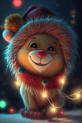 Obraz premium Lion with santa hat in christmas day, a small cute lion in Christmas sweater