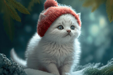 Cutest tiny white fluffy kitten wearing a red hat in the winter forest, AI generated image