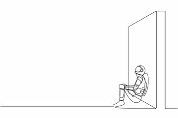 Single continuous line drawing astronaut sitting on floor and lean against wall. Sad and frustration due to space exploration failure. Cosmonaut deep space. One line graphic design vector illustration