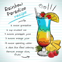 Rainbow Paradise cocktail, vector sketch hand drawn illustration, fresh summer alcoholic drink with recipe and fruits	