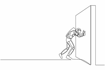 Single one line drawing of young astronaut pushing wall in moon surface. Challenge and problem in spaceship expedition. Cosmic galaxy space concept. Continuous line graphic design vector illustration