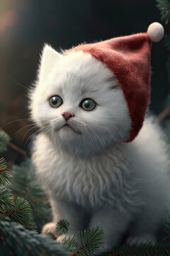 Little white kitten in a red hat in the winter forest, AI generated image