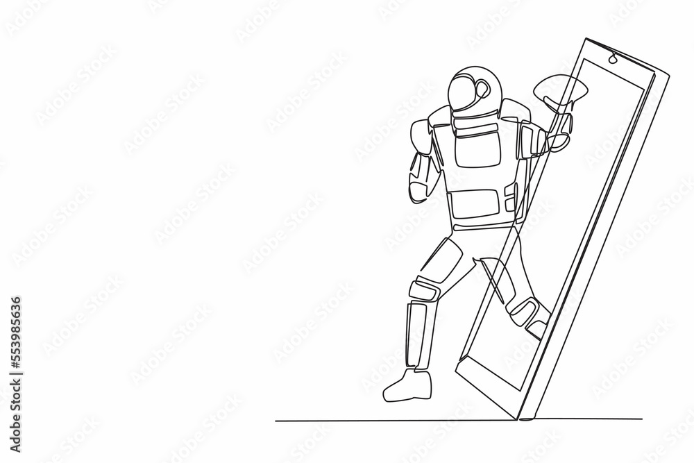 Aufkleber single one line drawing of american football astronaut player running getting out of smartphone scre