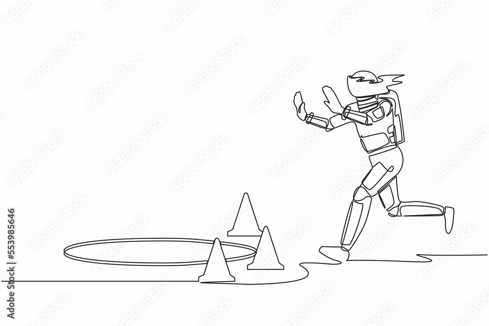Poster single continuous line drawing of blindfolded astronaut running to find money with pit hole. spacema
