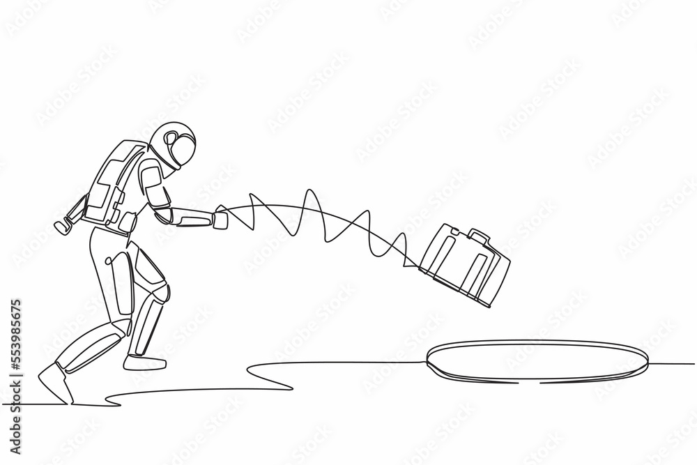 Aufkleber continuous one line drawing astronaut throws briefcase into hole. failure to take advantage of space
