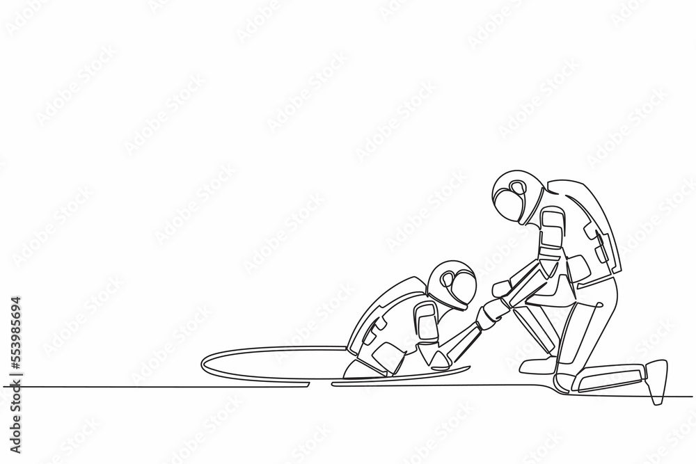 Aufkleber continuous one line drawing astronaut helping his friend by take him out from hole. two spaceman one