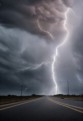 Stormy lightning sky. Electric storm. Highway with a stormy lightning and thunder storm. Rainy and gray sky. - obrazy, fototapety, plakaty