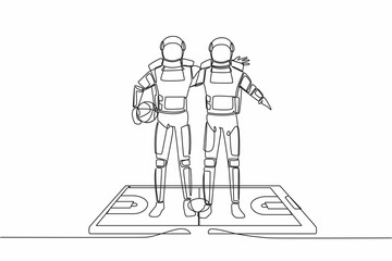 Single one line drawing of two basketball players astronaut embrace each other on surface of smartphone. Mobile basketball. Cosmic galaxy space. Continuous line draw graphic design vector illustration