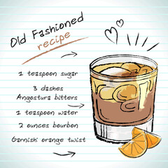 Old fashioned cocktail, vector sketch hand drawn illustration, fresh summer alcoholic drink with recipe and fruits	